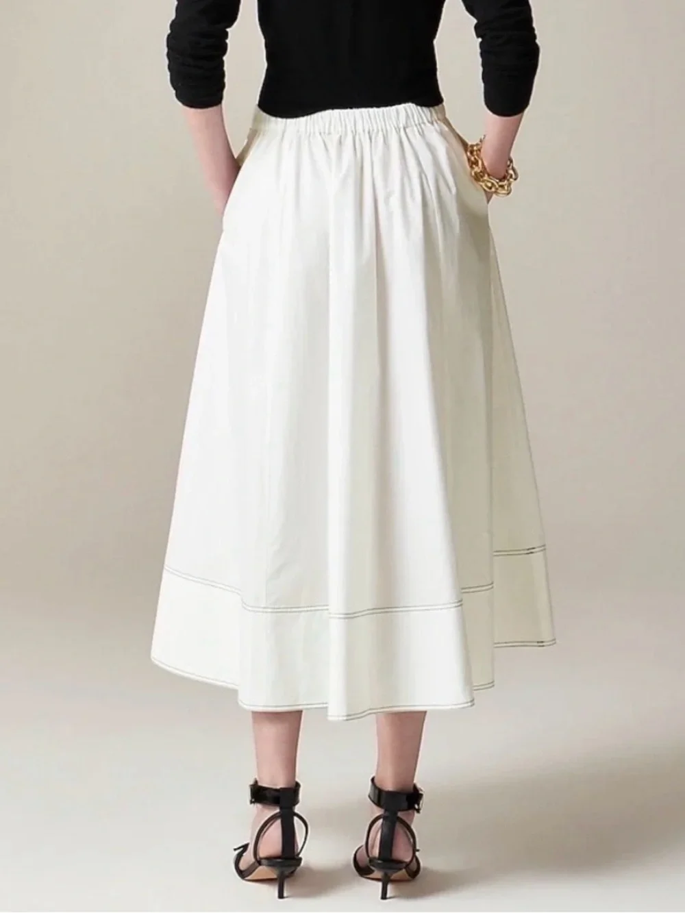 J.Crew Contrast Stitch Midi Skirt in Cotton Poplin
